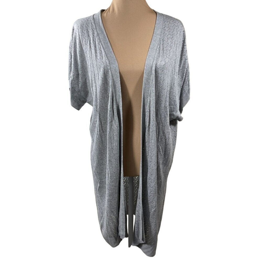 Joan Vass Open Front Cardigan Sweater Short Sleeve Light Gray Size L Large